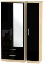 Knightsbridge Black Gloss and Light Oak 3 Door Combi Wardrobe - 1 Mirror and LHF 2 Drawers