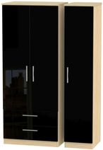 Knightsbridge Black Gloss and Light Oak 3 Door Triple Wardrobe - LHF 2 Drawers