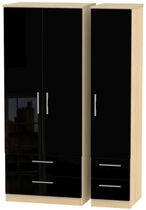 Knightsbridge Black Gloss and Light Oak 3 Door Triple Wardrobe - 4 Drawers