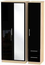 Knightsbridge Black Gloss and Light Oak 3 Door Combi Wardrobe - 1 Mirror and RHF 2 Drawers
