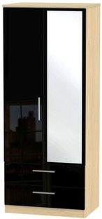 Knightsbridge Black Gloss and Light Oak 2 Door Combi Wardrobe - 1 Mirror