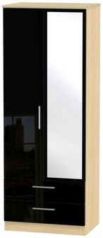 Knightsbridge Black Gloss and Light Oak 2 Door Tall Combi Wardrobe - 1 Mirror