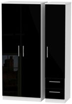 Knightsbridge Black Gloss and White 3 Door Triple Wardrobe - RHF 2 Drawers