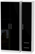 Knightsbridge Black Gloss and White 3 Door Tall Triple Wardrobe - RHF 2 Drawers