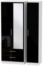 Knightsbridge Black Gloss and White 3 Door Tall Combi Wardrobe - 1 Mirror and LHF 2 Drawers