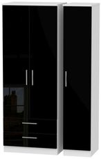 Knightsbridge Black Gloss and White 3 Door Tall Triple Wardrobe - LHF 2 Drawers