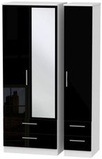 Knightsbridge Black Gloss and White 3 Door Tall Combi Wardrobe - 1 Mirror