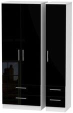 Knightsbridge Black Gloss and White 3 Door Tall Triple Wardrobe - 4 Drawers