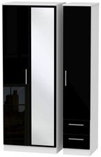 Knightsbridge Black Gloss and White 3 Door Tall Combi Wardrobe - 1 Mirror and RHF 2 Drawers