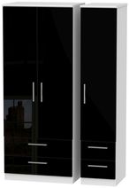 Knightsbridge Black Gloss and White 3 Door Triple Wardrobe - 4 Drawers