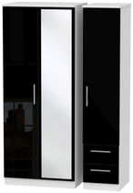 Knightsbridge Black Gloss and White 3 Door Combi Wardrobe - 1 Mirror and RHF 2 Drawers