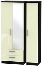 Knightsbridge Cream Gloss and Black 3 Door Tall Combi Wardrobe - 1 Mirror and LHF 2 Drawers