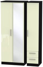 Knightsbridge Cream Gloss and Black 3 Door Tall Combi Wardrobe - 1 Mirror and RHF 2 Drawers