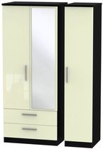 Knightsbridge Cream Gloss and Black 3 Door Combi Wardrobe - 1 Mirror and LHF 2 Drawers