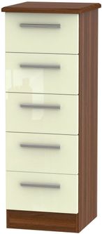 Knightsbridge Cream Gloss and Walnut Effect 5 Drawer Narrow Chest
