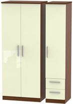 Knightsbridge Cream Gloss and Walnut Effect 3 Door Triple Wardrobe - RHF 2 Drawers