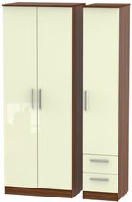 Knightsbridge Cream Gloss and Walnut Effect 3 Door Tall Triple Wardrobe - RHF 2 Drawers