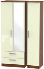 Knightsbridge Cream Gloss and Walnut Effect 3 Door Tall Combi Wardrobe - 1 Mirror and LHF 2 Drawers