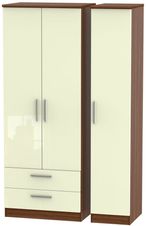 Knightsbridge Cream Gloss and Walnut Effect 3 Door Tall Triple Wardrobe - LHF 2 Drawers