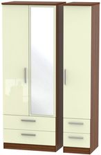 Knightsbridge Cream Gloss and Walnut Effect 3 Door Tall Combi Wardrobe - 1 Mirror