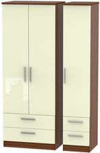 Knightsbridge Cream Gloss and Walnut Effect 3 Door Tall Triple Wardrobe - 4 Drawers