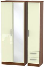 Knightsbridge Cream Gloss and Walnut Effect 3 Door Tall Combi Wardrobe - 1 Mirror and RHF 2 Drawers