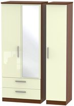 Knightsbridge Cream Gloss and Walnut Effect 3 Door Combi Wardrobe - 1 Mirror and LHF 2 Drawers