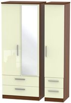 Knightsbridge Cream Gloss and Walnut Effect 3 Door Combi Wardrobe - 1 Mirror