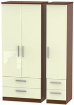 Knightsbridge Cream Gloss and Walnut Effect 3 Door Triple Wardrobe - 4 Drawers