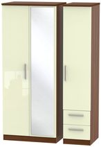 Knightsbridge Cream Gloss and Walnut Effect 3 Door Combi Wardrobe - 1 Mirror and RHF 2 Drawers