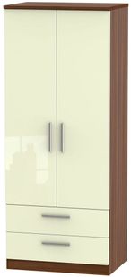 Knightsbridge Cream Gloss and Walnut Effect 2 Door 2 Drawer Double Wardrobe