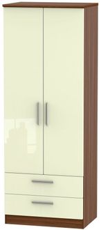 Knightsbridge Cream Gloss and Walnut Effect 2 Door 2 Drawer Tall Wardrobe
