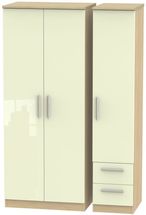 Knightsbridge Cream Gloss and Light Oak 3 Door Triple Wardrobe - RHF 2 Drawers