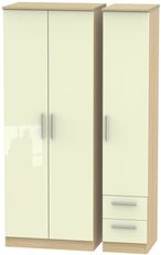 Knightsbridge Cream Gloss and Light Oak 3 Door Tall Triple Wardrobe - RHF 2 Drawers