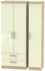 Knightsbridge Cream Gloss and Light Oak 3 Door Tall Triple Wardrobe - LHF 2 Drawers