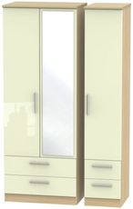 Knightsbridge Cream Gloss and Light Oak 3 Door Tall Combi Wardrobe - 1 Mirror