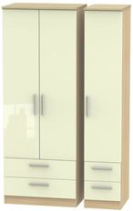 Knightsbridge Cream Gloss and Light Oak 3 Door Tall Triple Wardrobe - 4 Drawers