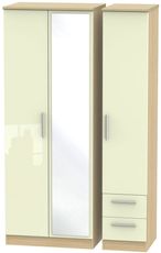 Knightsbridge Cream Gloss and Light Oak 3 Door Tall Combi Wardrobe - 1 Mirror and RHF 2 Drawers