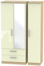 Knightsbridge Cream Gloss and Light Oak 3 Door Combi Wardrobe - 1 Mirror and LHF 2 Drawers