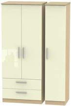 Knightsbridge Cream Gloss and Light Oak 3 Door Triple Wardrobe - LHF 2 Drawers