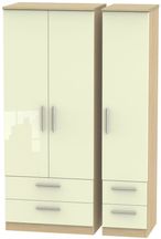 Knightsbridge Cream Gloss and Light Oak 3 Door Triple Wardrobe - 4 Drawers