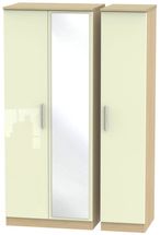 Knightsbridge Cream Gloss and Light Oak 3 Door Triple Wardrobe - 1 Mirror