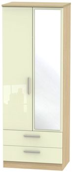 Knightsbridge Cream Gloss and Light Oak 2 Door Tall Combi Wardrobe - 1 Mirror