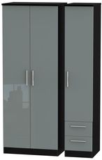 Knightsbridge Grey Gloss and Black 3 Door Tall Triple Wardrobe - RHF 2 Drawers
