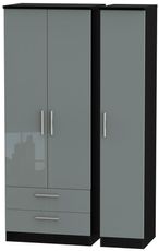 Knightsbridge Grey Gloss and Black 3 Door Tall Triple Wardrobe - LHF 2 Drawers