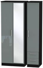 Knightsbridge Grey Gloss and Black 3 Door Tall Combi Wardrobe - 1 Mirror and RHF 2 Drawers