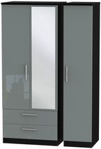Knightsbridge Grey Gloss and Black 3 Door Combi Wardrobe - 1 Mirror and LHF 2 Drawers