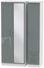 Knightsbridge Grey Gloss and White 3 Door Tall Combi Wardrobe - 1 Mirror and RHF 2 Drawers