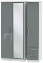 Knightsbridge Grey Gloss and White 3 Door Combi Wardrobe - 1 Mirror and RHF 2 Drawers
