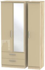 Knightsbridge Mushroom and Oak Effect 3 Door Tall Combi Wardrobe - 1 Mirror and LHF 2 Drawers